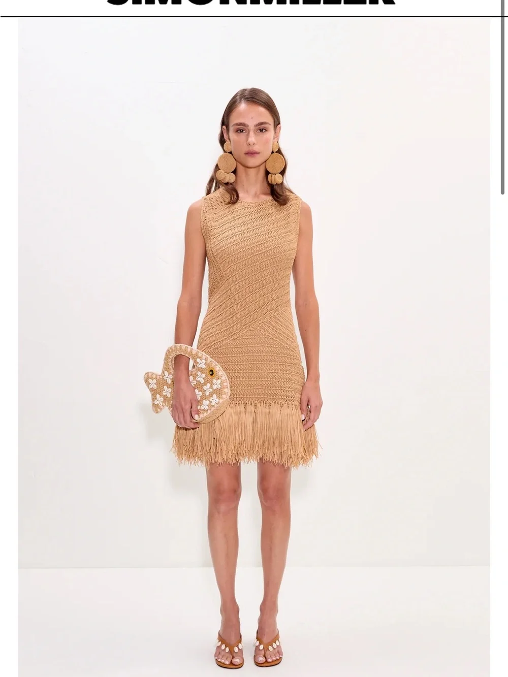 Simon Miller Crochet Fringe Sleeveless Dress in Tan